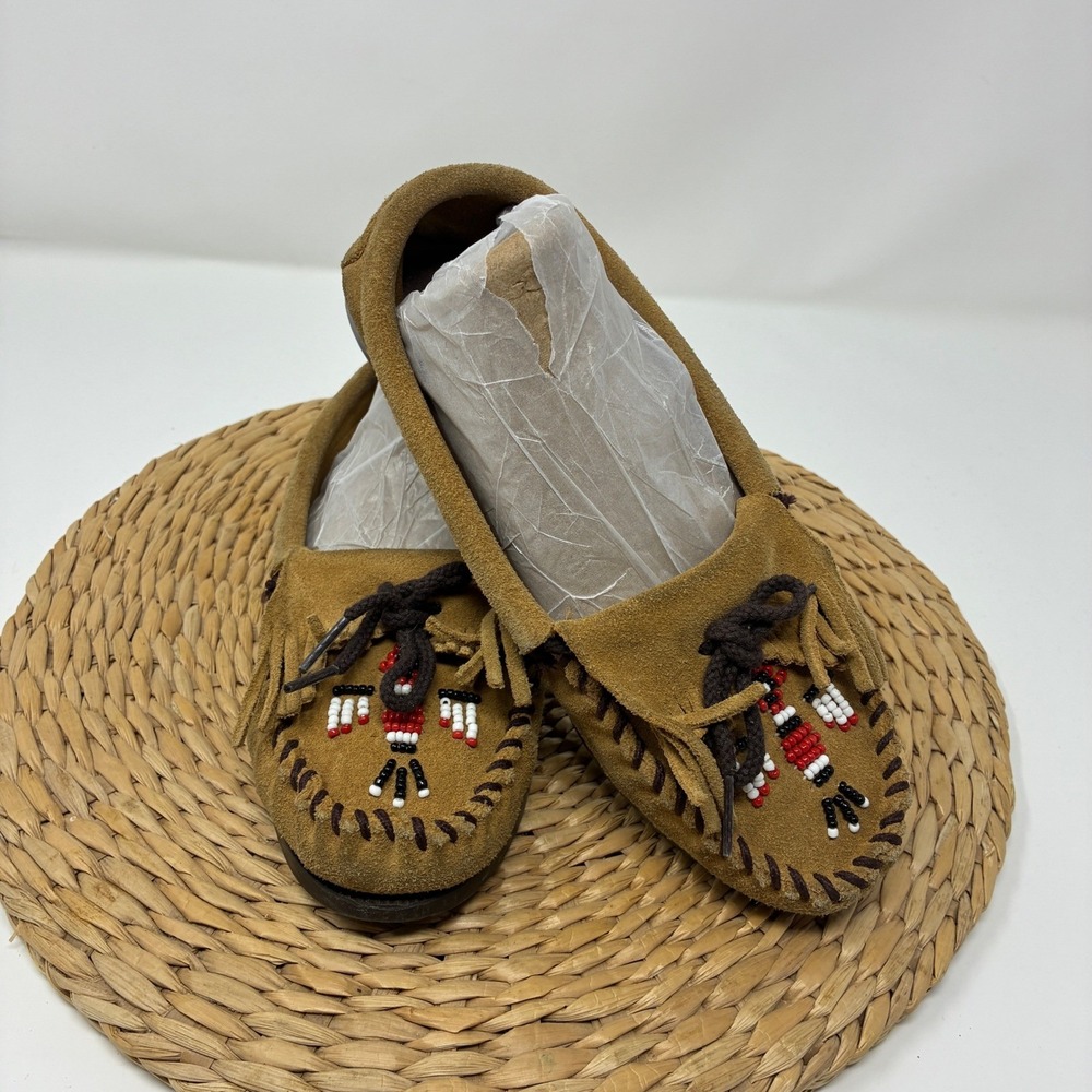 VTG‎ Minnetonka Thunderbird Moccasins Suede Leather Beaded Womens Size 6.5 Brown